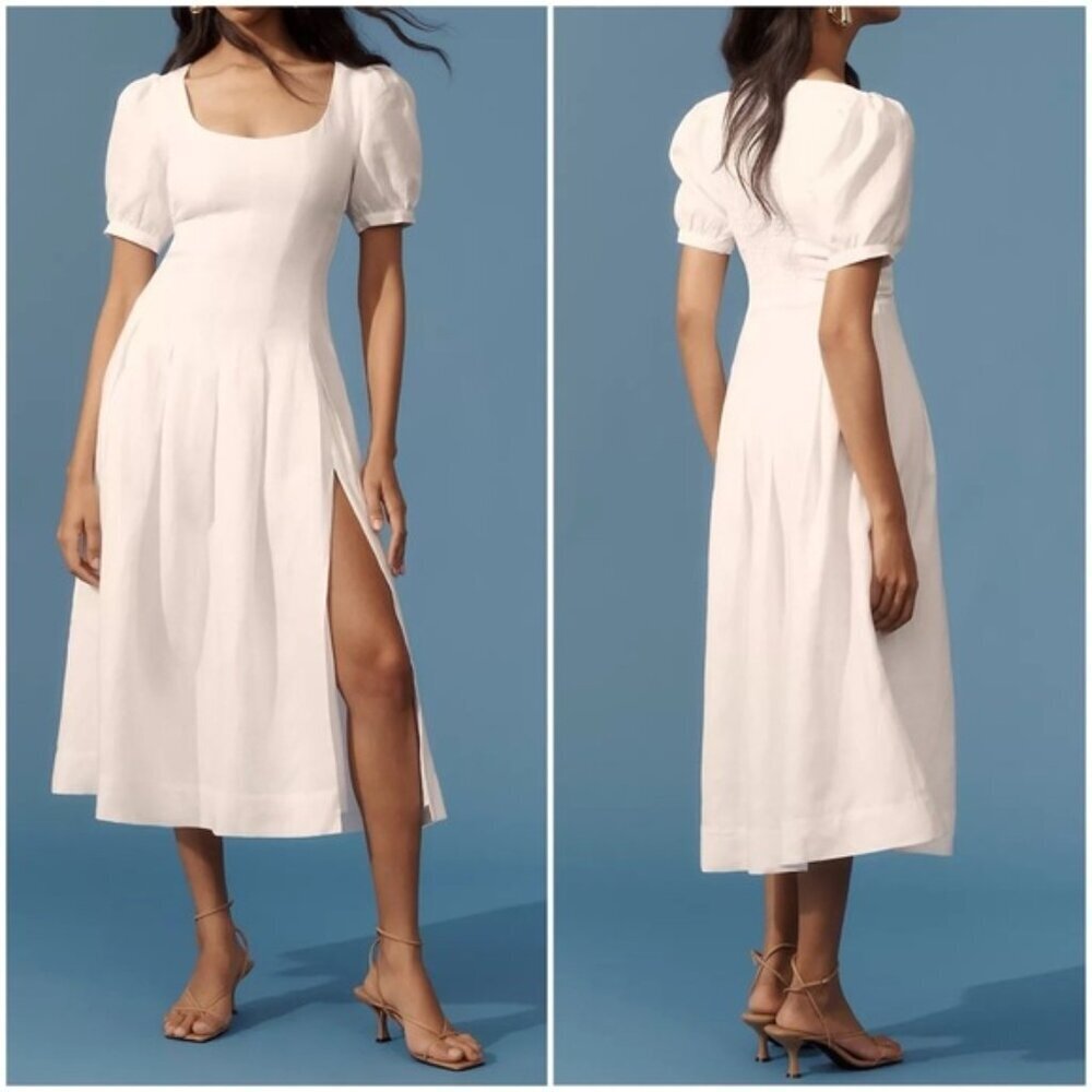 NEW Reformation Coucou Midi Linen Dress Puff Sleeves White | US 4 UK 8
